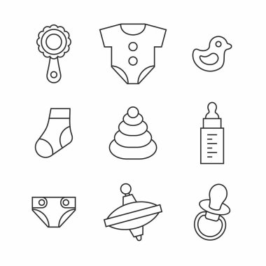 Bebek şeyler Icons set. ince çizgi. Beyaz arka plan üzerinde izole