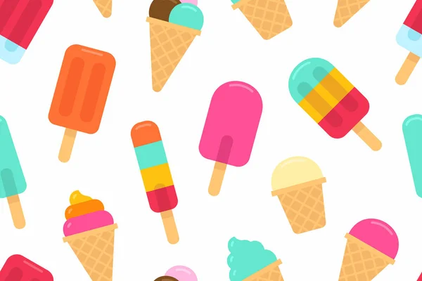 異なるカラフルなアイスクリームとのシームレスなパターン フラット スタイル 白い背景に分離 — ストックベクタ