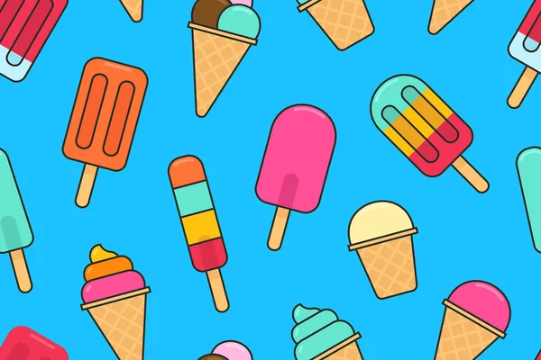 異なるカラフルなアイスクリームとのシームレスなパターン フラット スタイル 青の背景に分離 — ストックベクタ