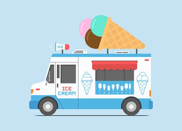 冰淇淋车 移动商店 平坦的风格 在蓝色背景上被隔离 — 图库矢量图片