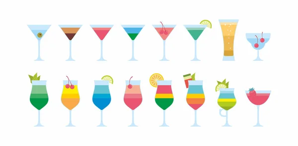 Bunte Verschiedene Cocktails Symbol Flachen Stil Isoliert Auf Weißem Hintergrund — Stockvektor