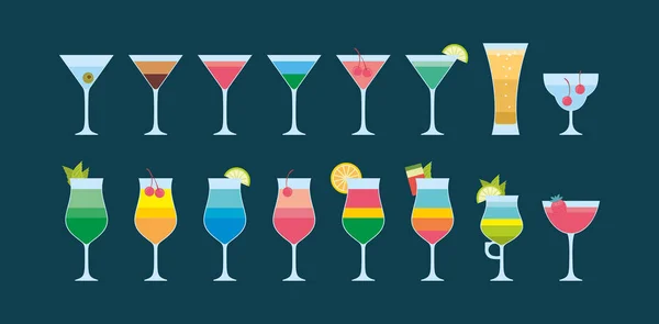 Bunte Verschiedene Cocktails Symbol Flachen Stil Isoliert Auf Dunkelblauem Hintergrund — Stockvektor