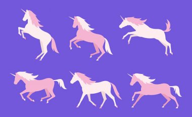 Renkli tek boynuzlu at kümesi. düz stil. Mor arka plan üzerinde izole