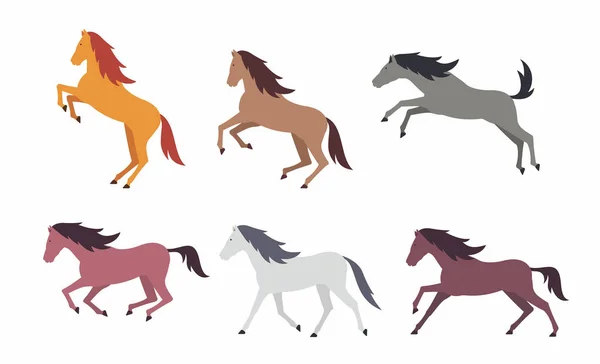 Set Colorful Horses Flat Style Isolated White Background — Stock Vector