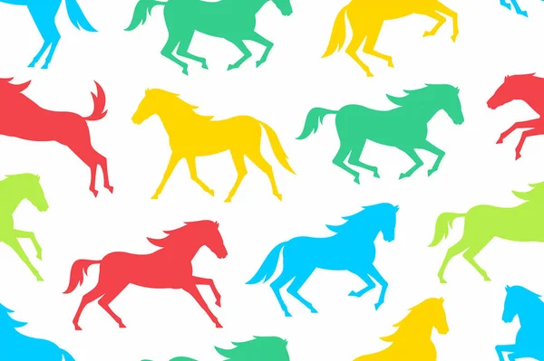 Renkli Ile Seamless Modeli Siluetleri Atlar Düz Stil Beyaz Arka — Stok Vektör