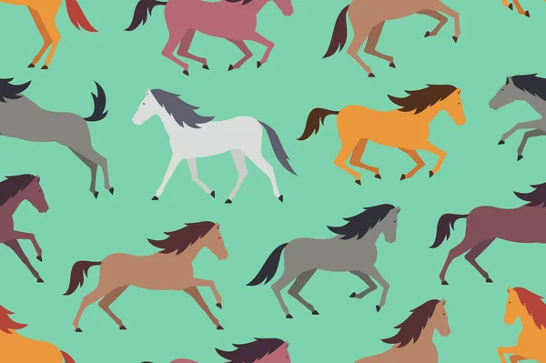 Seamless Pattern Colorful Horses Flat Style Isolated Green Background — Stock Vector