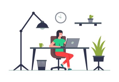 Kadın onun dizüstü bilgisayarında çalışıyor. Ofis işi konsepti. beyaz arkaplanda izole