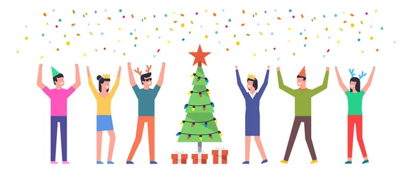 Grupo Personas Celebra Feliz Navidad Año Nuevo Aislado Sobre Fondo — Archivo Imágenes Vectoriales