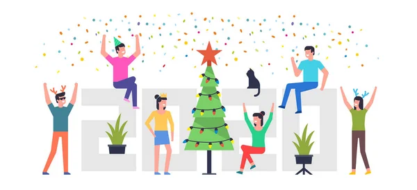 Merry Christmas Happy New Year 2020 Cheerful People Celebrating Christmas — Stock Vector