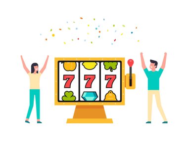777 Slot Makinesi 'ne sahip mutlu bir adam ve kadın. Kumarhane Vegas oyunu. beyaz arkaplanda izole