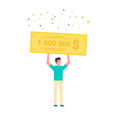 Bir milyon dolarlık banka çeki elinde tutan mutlu bir adam. beyaz arkaplanda izole