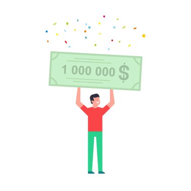 Bir milyon dolarlık banka çeki elinde tutan mutlu bir adam. beyaz arkaplanda izole