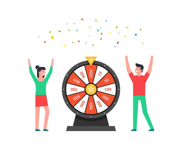 Happy Man Woman Wheel Fortune Lottery Luck Isolated White Background — Stock Vector