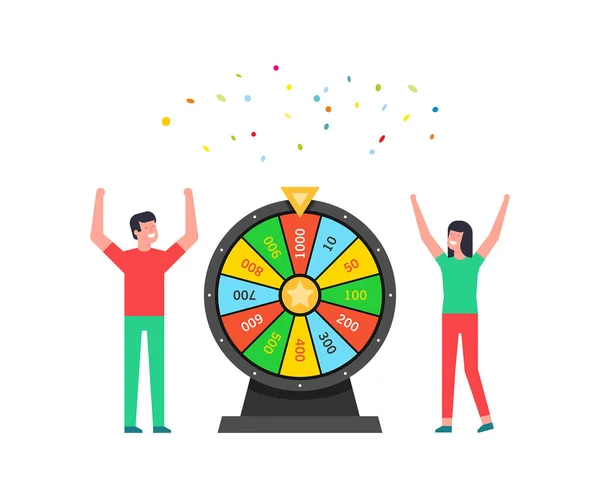 Happy Man Woman Wheel Fortune Lottery Luck Isolated White Background — Stock Vector