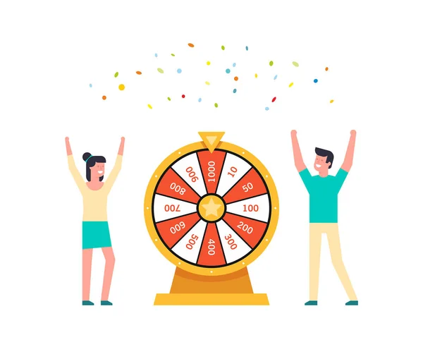 Szczęśliwy Mężczyzna Kobieta Wheel Fortune Szczęścia Loterii Izolowany Białym Tle — Wektor stockowy