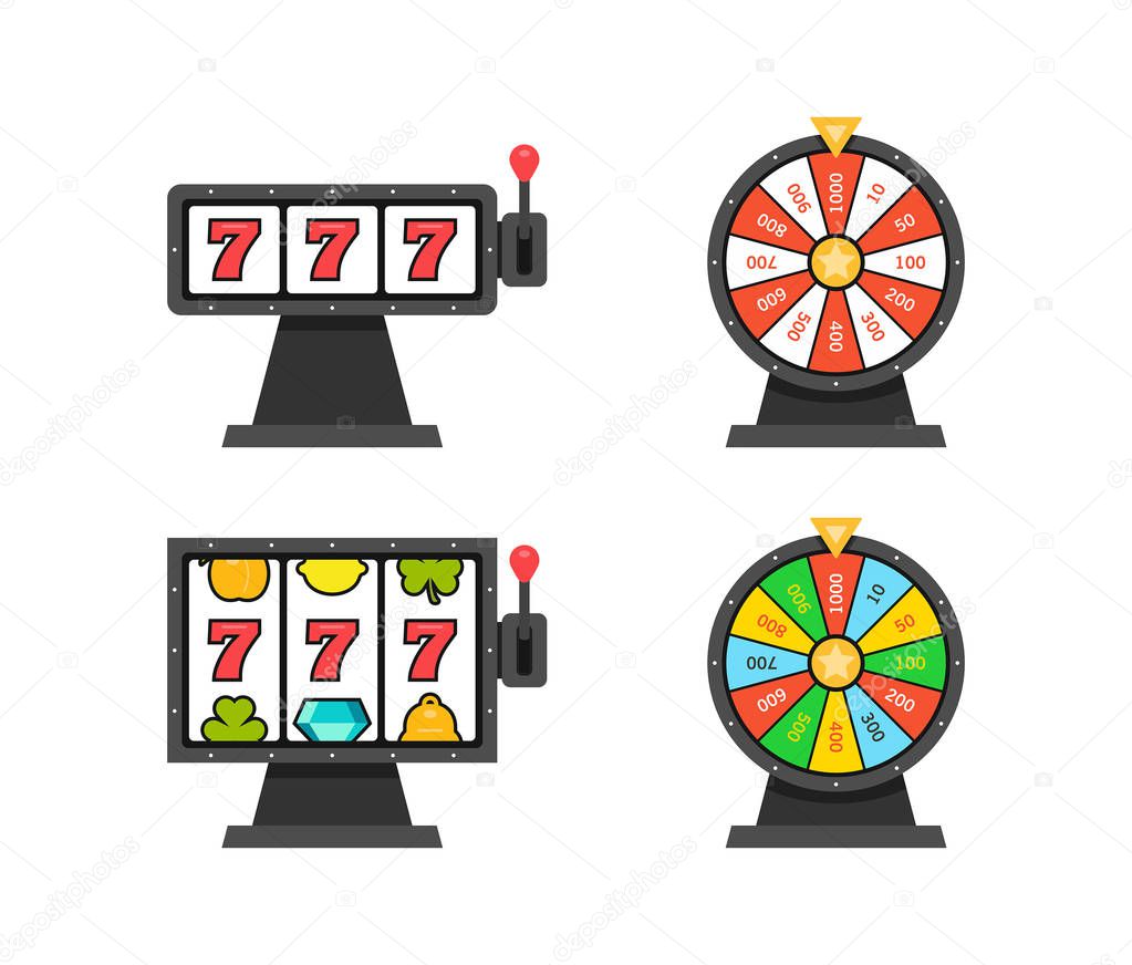 Set of Wheels Of Fortune and 777 Slot Machines. isolated on white background