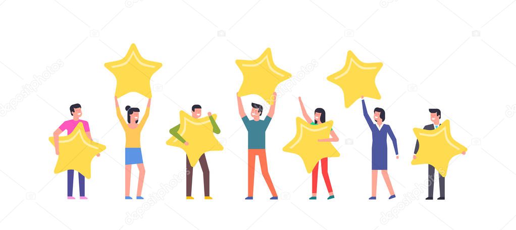 Happy people are holding review stars over their heads. isolated on white background