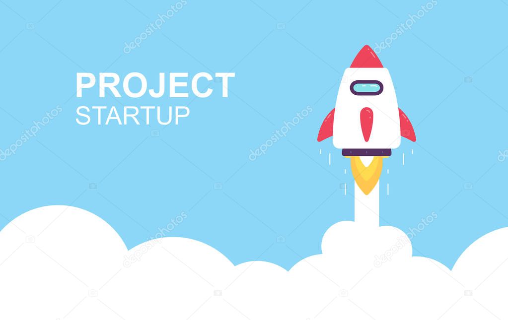 Rocket launch. Business startup banner. isolated on blue background