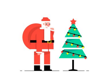 Noel Baba ve Noel ağacı. Mutlu noeller. beyaz arkaplanda izole