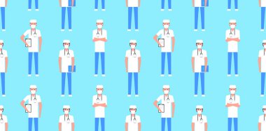 Grup doktorlarında kusursuz bir düzen var. Mavi arkaplanda izole edilmiş