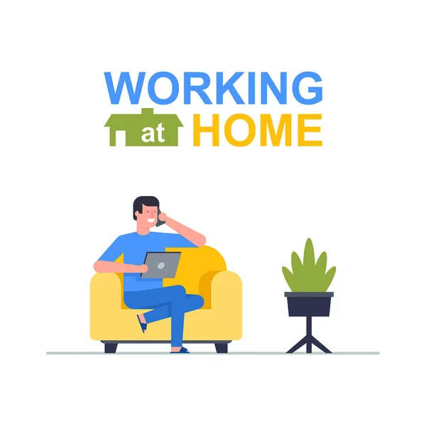 Freelancer Man Working His Tablet Working Home Flat Style — Stock Vector