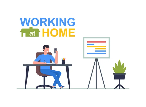 Freelancer Man Working His Phone Working Home Flat Style — Stock Vector