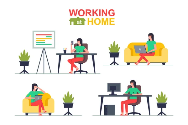 Working Home Woman Freelancer Working Laptop Computer Phone Tablet Flat — Stock Vector