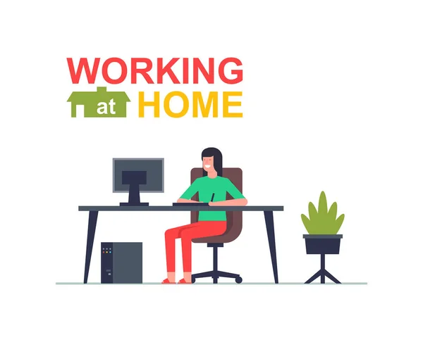 Bilgisayarında Çalışan Serbest Çalışan Kadın Evde Çalışıyorum Düz Biçim — Stok Vektör