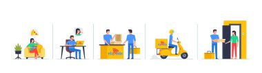 Pizza siparişi ver (telefonla), mobil uygulama şablonları, konsept düz tasarım. Kurye Scooter 'la Pizza Teslim Ediyor