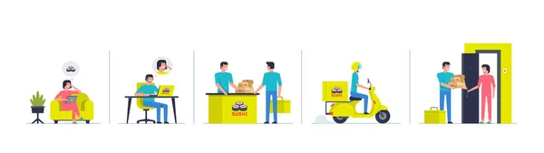 在线订购寿司 移动应用模板 概念平面设计 派专车运送食物的快递员 免版税图库矢量图片