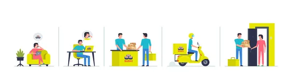 Pesan Sushi Online Melalui Telepon Templat Aplikasi Seluler Desain Konsep Stok Ilustrasi 