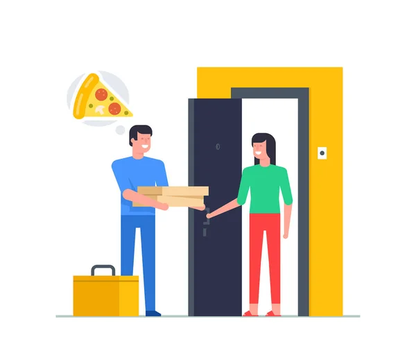 Mujer Recibiendo Orden Mensajero Puerta Servicio Entrega Pizza Concepto Diseño — Vector de stock