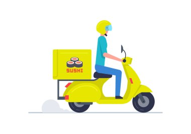 Scooter 'la Kurye Suşi getiriyor. Suşi teslimatı. konsept düz tasarım