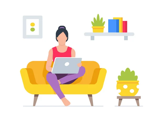 Trabajando Casa Mujer Freelancer Trabajando Laptop Estilo Plano — Vector de stock