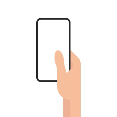 Beyaz ekranlı akıllı bir telefon. Beyaz arka planda el ele. Düz Biçim