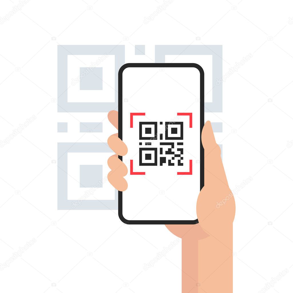 QR code mobile phone scan on screen. in hand on white background. Flat Style