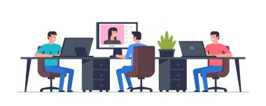 Ofiste çalış. Ofis işi konsepti. Bir grup ofis çalışanı. Uzaktan kumanda ekibi çalışması. Düz stil. beyaz arkaplanda izole