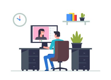 Adam dizüstü bilgisayarında çalışıyor. Ofis işi konsepti. Uzaktan kumanda ekibi çalışması. Düz stil. beyaz arkaplanda izole