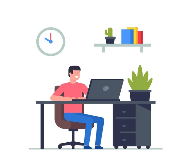 Man Working His Laptop Office Business Concept Remote Team Work — Stock Vector