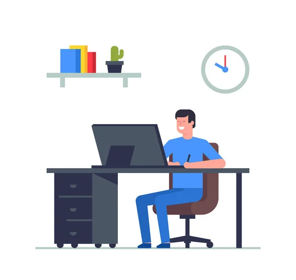 Man Working His Laptop Office Business Concept Remote Team Work — Stock Vector