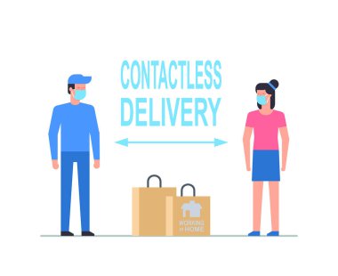 Temassız teslimat. Evde çalışıyorum. Düz stil. beyaz arkaplanda izole