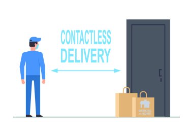 Temassız teslimat. Evde çalışıyorum. Düz stil. beyaz arkaplanda izole