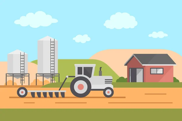 Gårdslandskap Traktor Förbereder Marken För Sådd Jordbruk Och Jordbruk Jordbruk — Stock vektor