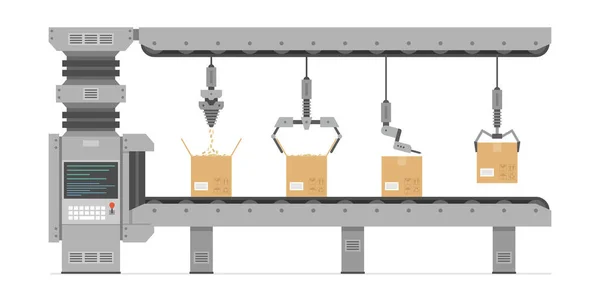 Automatisk Produktionstransportör Transportörsystem Robotindustrins Koncept Platt Stil Isolerad Vit Bakgrund — Stock vektor