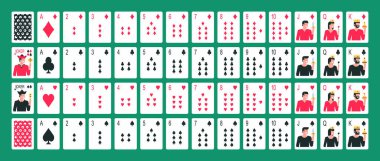 Kağıt oynuyorum. İskambil kağıdı koleksiyonu. Poker oyunu. Düz stil. Yeşil arkaplanda izole