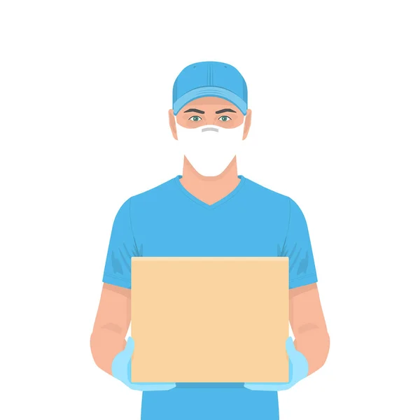 Jovem Entrega Homem Uniforme Azul Segurando Caixa Luvas Borracha Médica —  Vetores de Stock