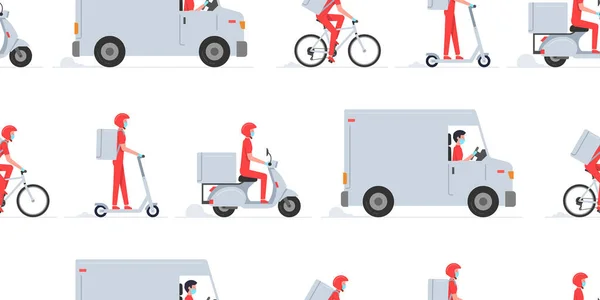 Modello Senza Soluzione Continuità Con Servizio Consegna Online Camion Scooter — Vettoriale Stock