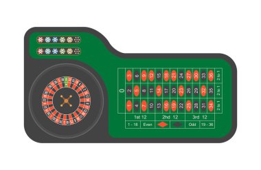 Kumarhane rulet masası. Üzerinde numaralar olan yeşil kumar masası. en üstteki görünüm