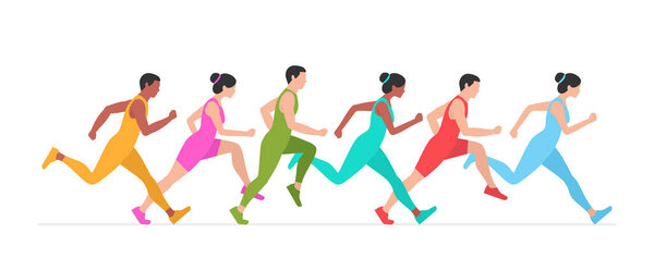Бегать трусцой. Группа бегунов в движении. Плоский стиль. изолированные на белом фоне

