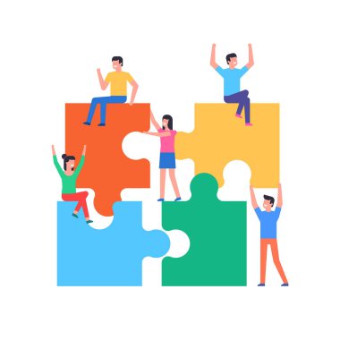 Yapboz elementlerini birleştiren insanlar. Takım metaforu. İş konsepti. Düz stil. beyaz arkaplanda izole